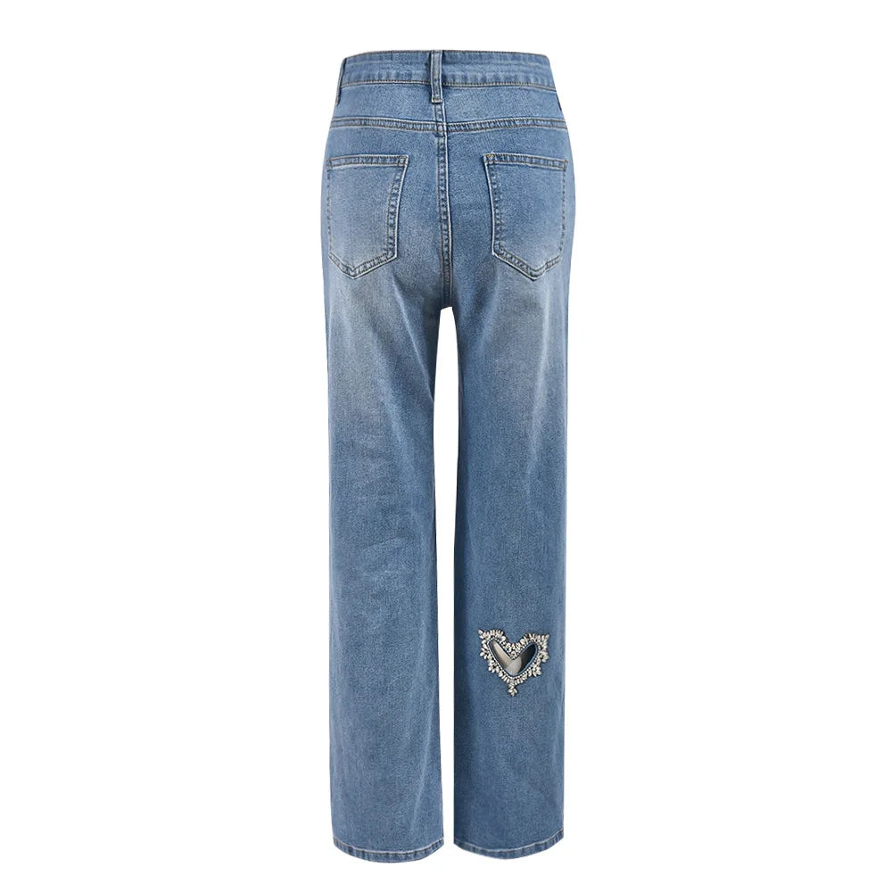 Women Stretch Jeans Ankle Length Jean Washed Denim Straight Pants High Waist Trousers Pockets Basics Hollow Solid Diamonds