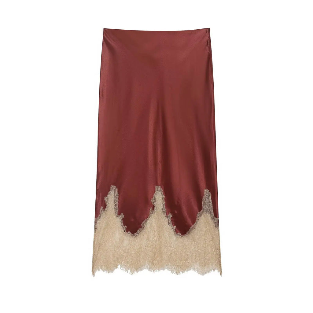 HH Women Lace Patchwork Midi Skirt Slim High Waist Satin Skirts Summer Trend Woman Elegant Evening Party Chic Skirts ﻿Mujer