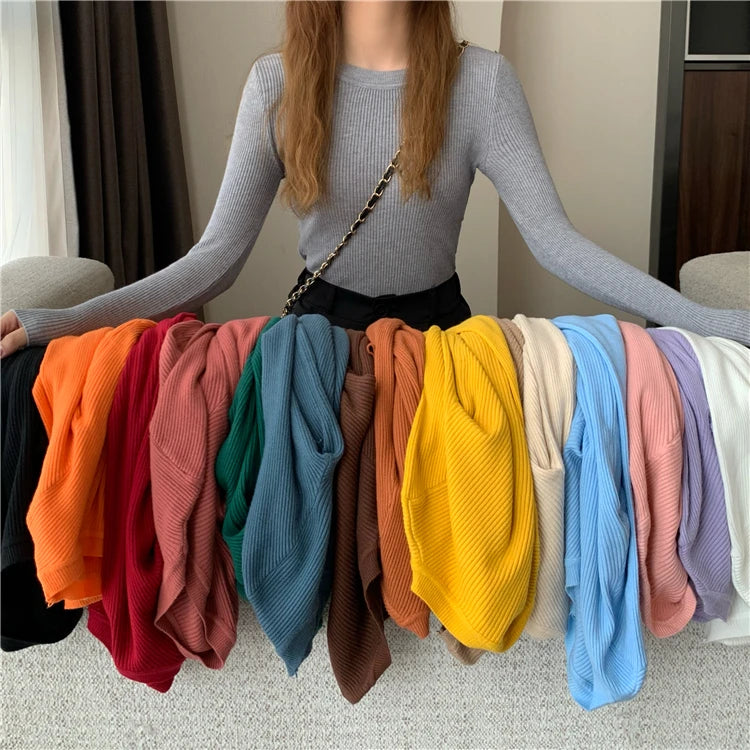 New Women Sweater  Long Sleeve Pullover Basic Top Fashion O-neck Elastic Female Winter Solid Knitted Jumper