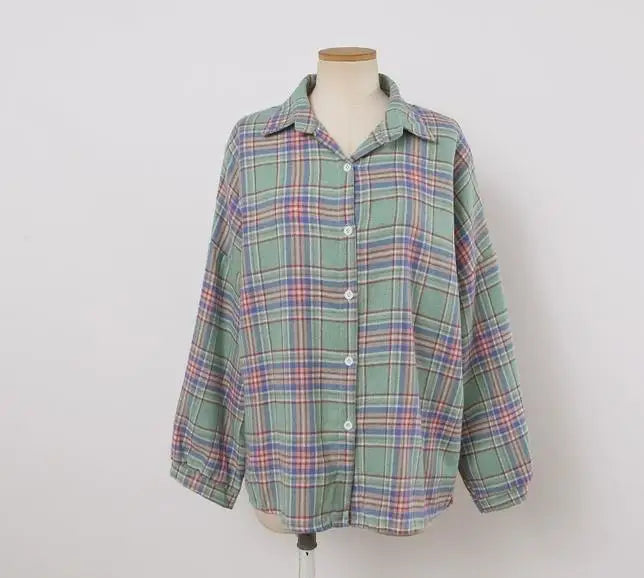 Plaid Shirt Women Long Sleeve Top Female Vintage Fashion Single Breasted Blouse Ladies Preppy Style Loose Check Shirts