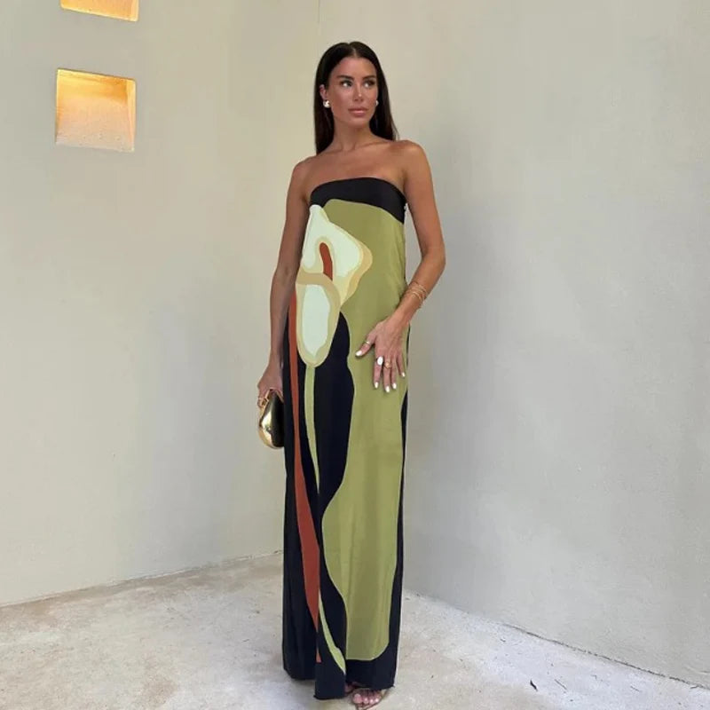 Sexy Strapless Backless Printed Long Dress Women Fashion Sleeveless Off Shoulder Vestidos Summer Lady Party Evening Robes