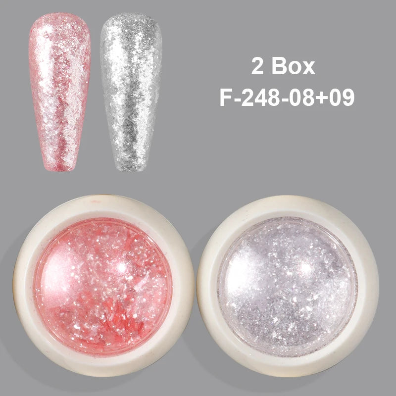 2 Box Pink White Crystal Opal Nail Powder Flakes Sparkling Ultra Thin Foils Iridescent Mermaid Chrome Mica Glitter Nail Decor