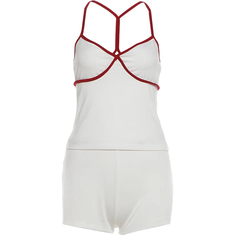 Kliou Contrast Color Patchwork 2 Piece Set Woman Low-Neck Backless Crop Tops+Skinny Shorts Daily Home Style Simple Fashion Suits