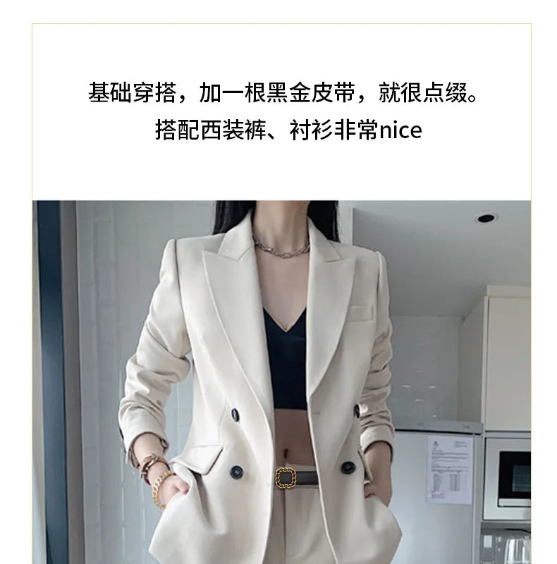 Ladies' vintage square-buckle leather belt; versatile dress belt for women; simple waist belt for women's suits; vintage