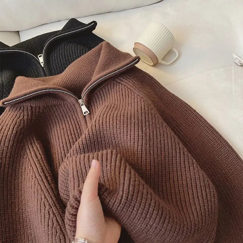 2024 Autumn Style Versatile Basics Half-zipper Loose Lapel Winter Long-sleeved Lazy Sweater Pullover Top