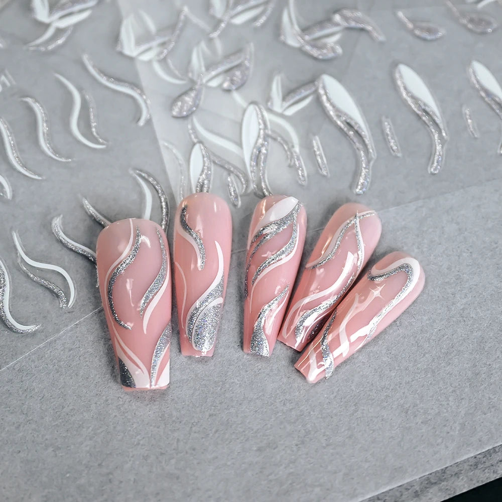 Shiny Glitter French Lines Nails Stickers Waves Curve Ribbon White Gold Stripes Manicure Decals Nails Charming Decoration NK-324