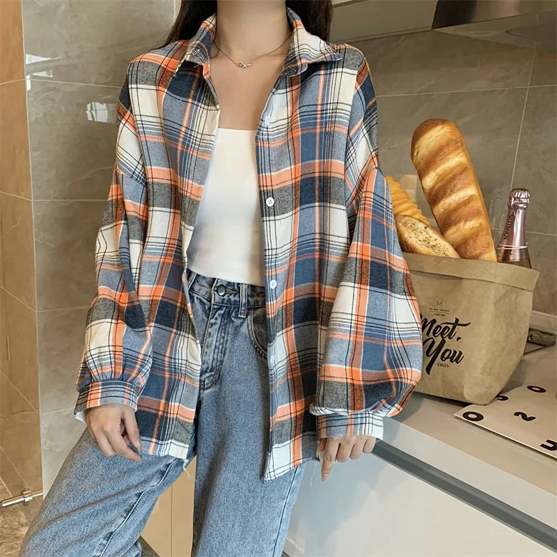 Plaid Shirt Women Long Sleeve Top Female Vintage Fashion Single Breasted Blouse Ladies Preppy Style Loose Check Shirts