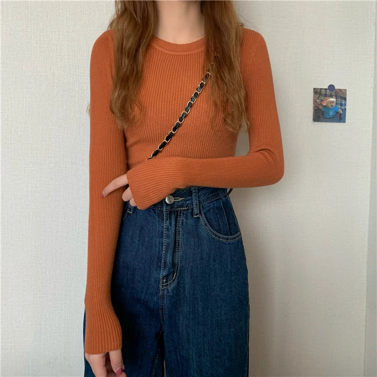 New Women Sweater  Long Sleeve Pullover Basic Top Fashion O-neck Elastic Female Winter Solid Knitted Jumper
