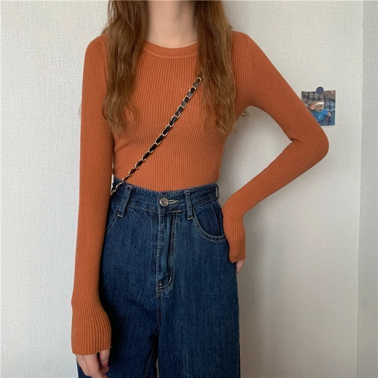 New Women Sweater  Long Sleeve Pullover Basic Top Fashion O-neck Elastic Female Winter Solid Knitted Jumper