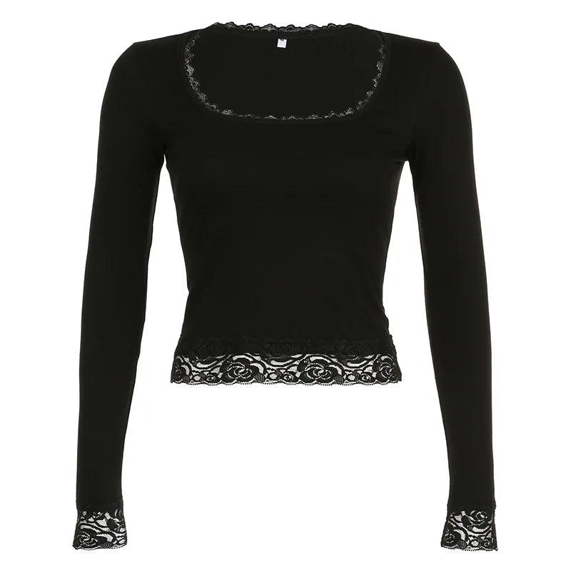 2000s Graphic T Shirt Vintage Fairy Grunge Women Autumn Lace Trim Long Sleeve Slim Fits Tops y2k Clothes Basic Tees