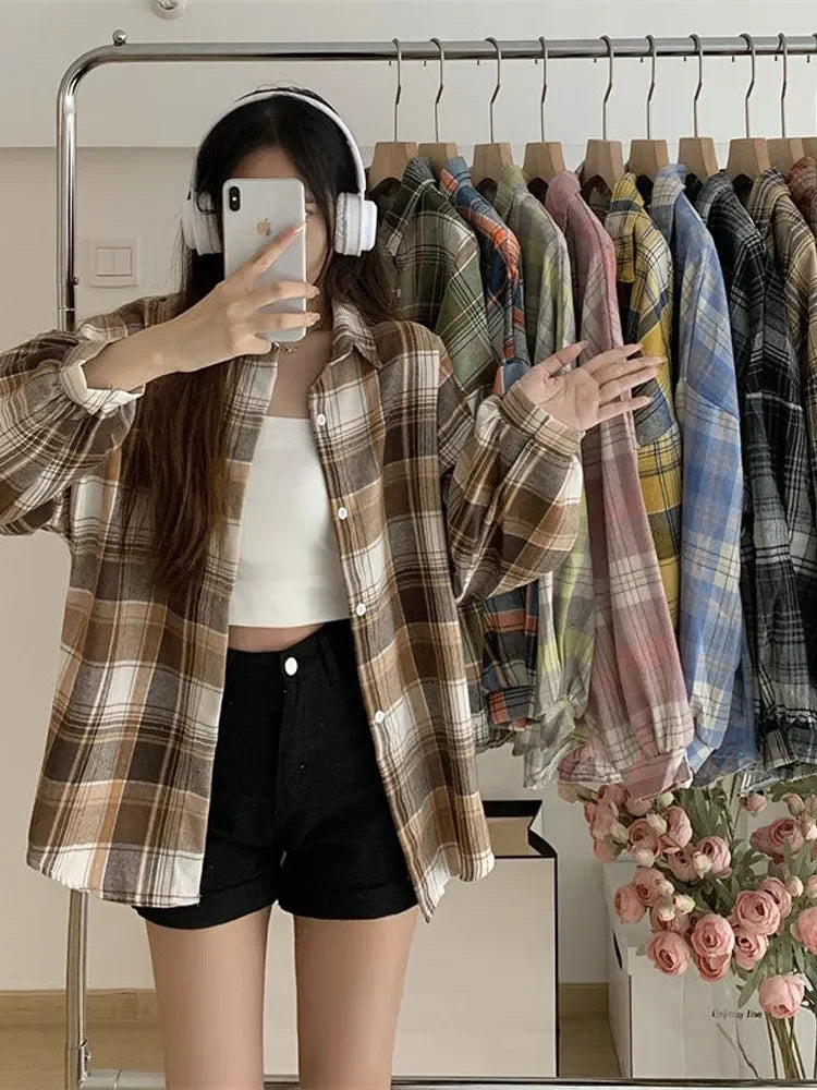 Plaid Shirt Women Long Sleeve Top Female Vintage Fashion Single Breasted Blouse Ladies Preppy Style Loose Check Shirts