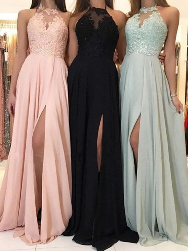 Dress Women Wedding Sexy Halter Lace Floral Sleeveless High Waist Evening Long Dresses Gown Vestidos Slim Fit Elegant