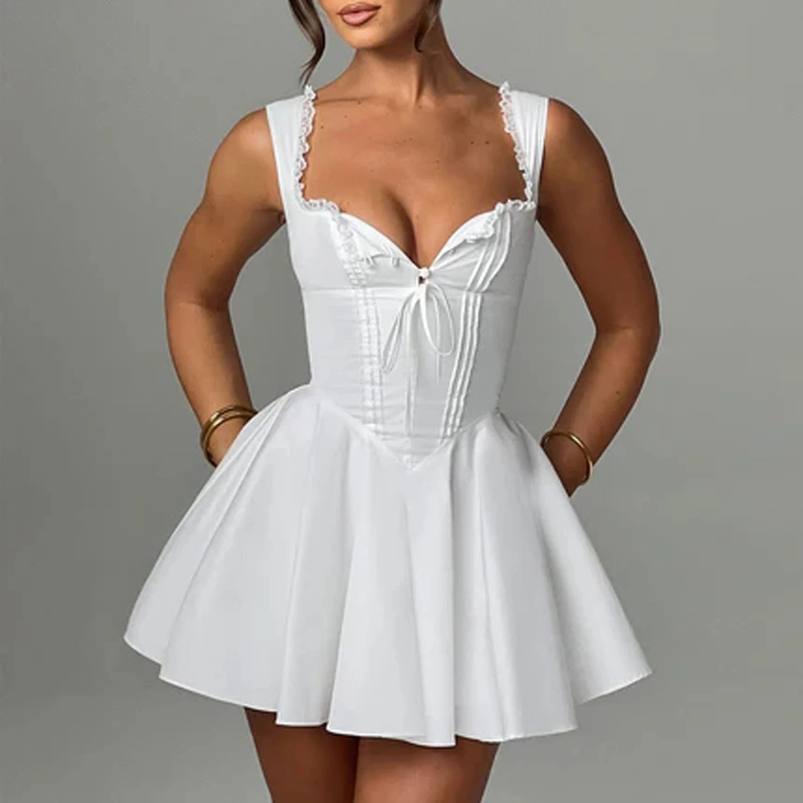 Women's Y2k Mini Corset Dress Deep V Neck Sleeveless Backless Lace Trim Ruffle Hem A-Line Dress Club Party Beach Sundress