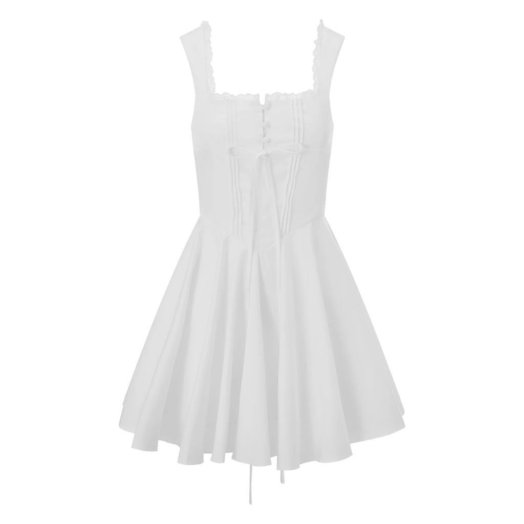 Women's Y2k Mini Corset Dress Deep V Neck Sleeveless Backless Lace Trim Ruffle Hem A-Line Dress Club Party Beach Sundress