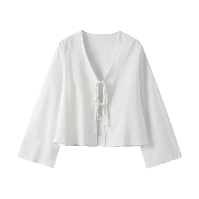 Cotton Linen Lace Up Bow Shirts Women Loose Hollow Out V Neck Long Sleeve Tops Female 2026 Spring New Lady Streetwear Top
