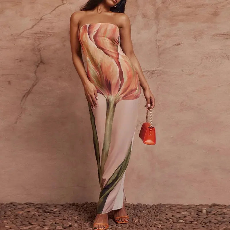 Sexy Strapless Backless Printed Long Dress Women Fashion Sleeveless Off Shoulder Vestidos Summer Lady Party Evening Robes