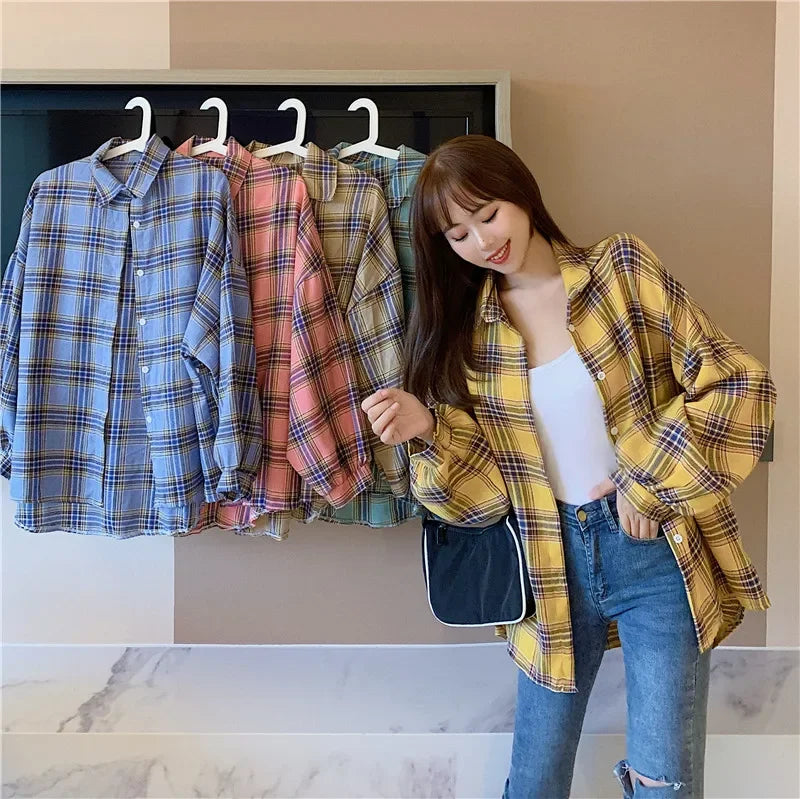 Plaid Shirt Women Long Sleeve Top Female Vintage Fashion Single Breasted Blouse Ladies Preppy Style Loose Check Shirts