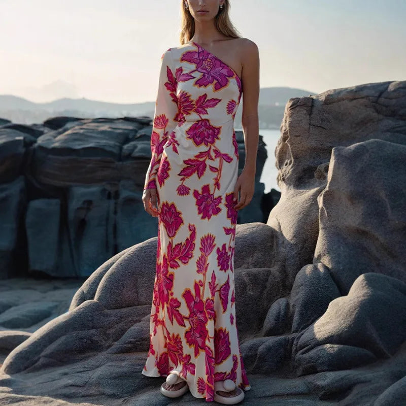 Fashion Rose Printed Satin Dress Womens Elegant High Waist  Boho Maxi Dress Sexy One Shoulder Long Sleeve Women Party Dresses