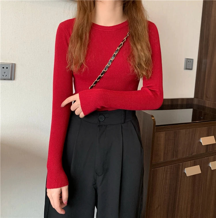 New Women Sweater  Long Sleeve Pullover Basic Top Fashion O-neck Elastic Female Winter Solid Knitted Jumper