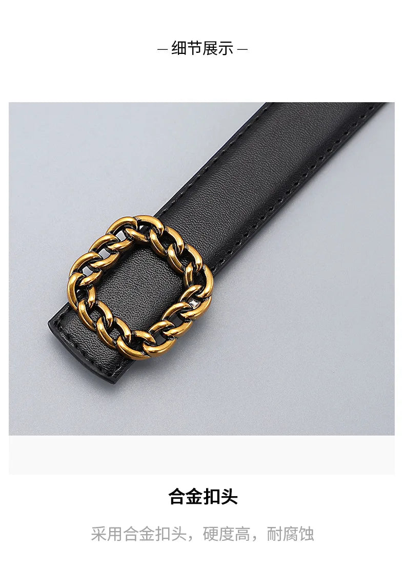 Ladies' vintage square-buckle leather belt; versatile dress belt for women; simple waist belt for women's suits; vintage