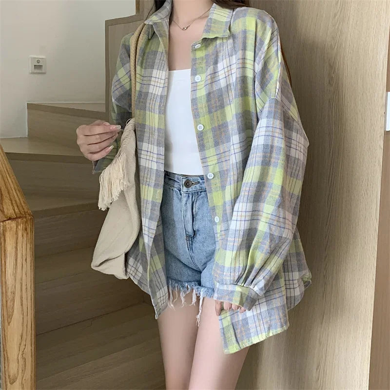 Plaid Shirt Women Long Sleeve Top Female Vintage Fashion Single Breasted Blouse Ladies Preppy Style Loose Check Shirts