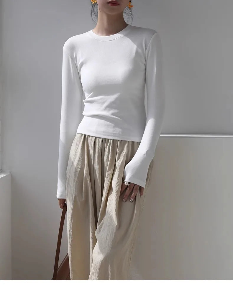 Cotton Women Long Sleeve T-shirt Solid O Neck Slim Base Layer Shirt Autumn New Casual Skinny Bottoming Shirt Sexy Cropped Tops