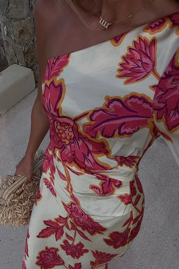 Fashion Rose Printed Satin Dress Womens Elegant High Waist  Boho Maxi Dress Sexy One Shoulder Long Sleeve Women Party Dresses