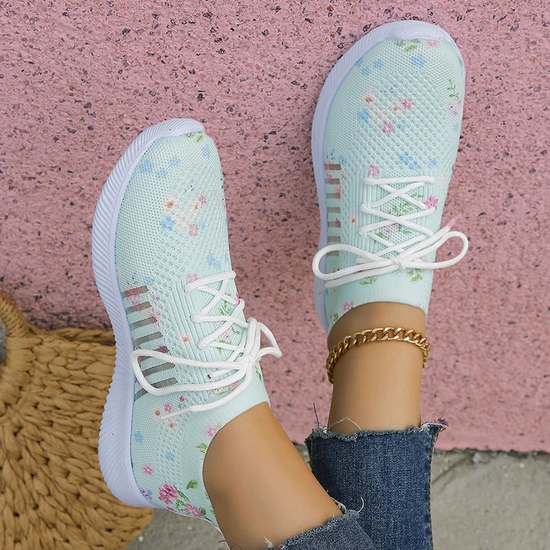 Breathable Knitted Casual Sneakers for Women Lightweight Soft Sole Slip On Walking Shoes Woman Plus Size Fashion Printed Flats