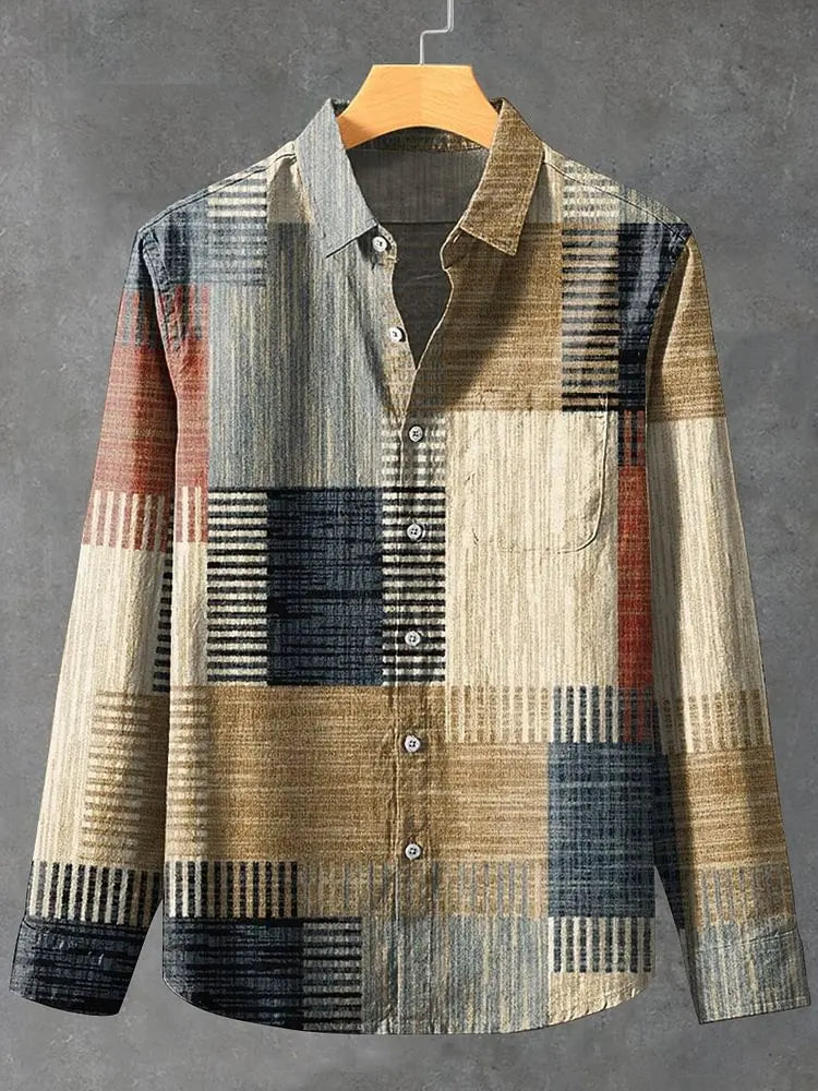2025 Spring and Autumn Hot Selling Men's Linen Long Sleeve Shirt Retro Pattern Printed Shirt Casual Fashion Top