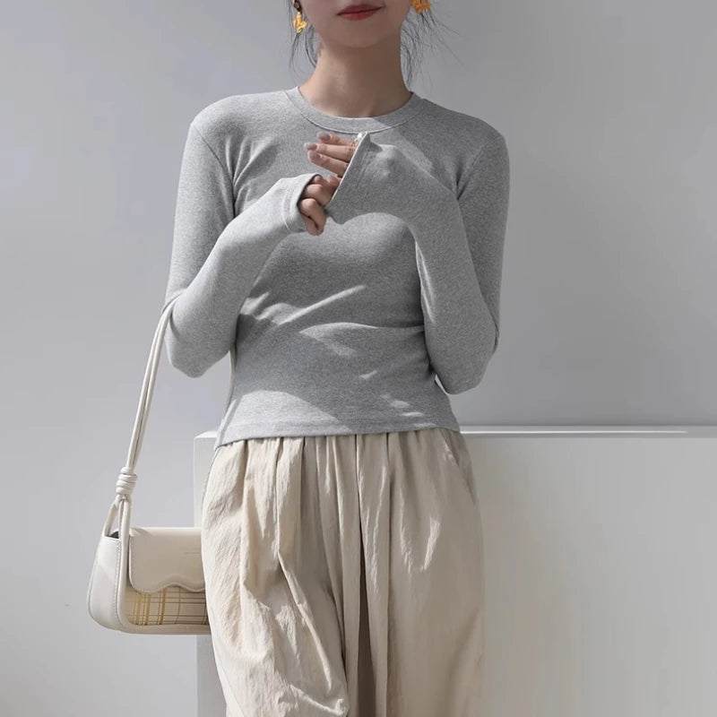 Cotton Women Long Sleeve T-shirt Solid O Neck Slim Base Layer Shirt Autumn New Casual Skinny Bottoming Shirt Sexy Cropped Tops