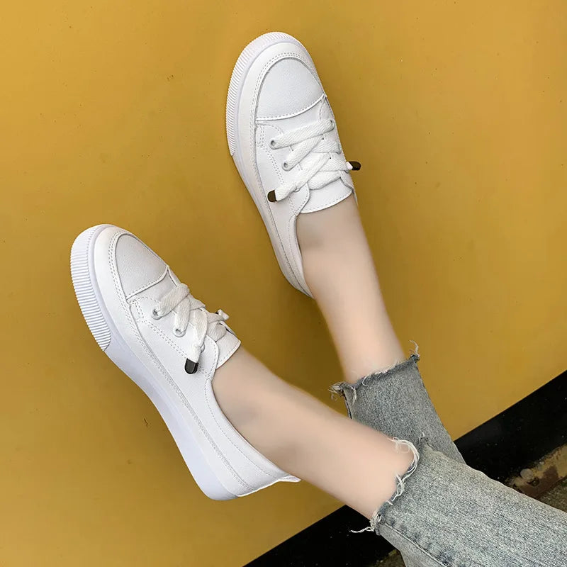 Women Sneakers Pu Leather Casual Shoes Round Toe Shallow Flat Shoes Fashion Outdoor Loafers White Slip On Women Vulcanize Shoes
