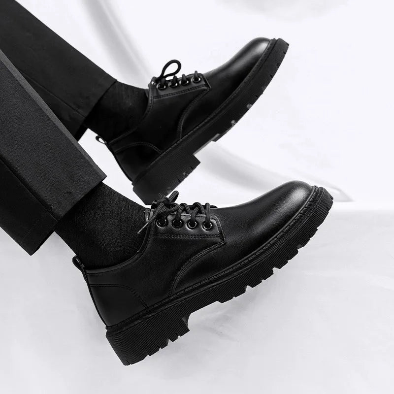 Men's Casual Leather Shoes Thick Bottom Leisure Trendy British Style Winter New Arrival Breathable round Toe Low Heel