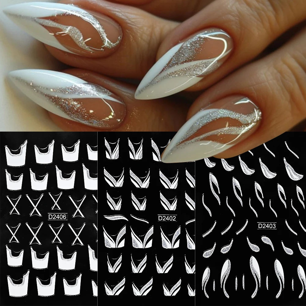 Shiny Glitter French Lines Nails Stickers Waves Curve Ribbon White Gold Stripes Manicure Decals Nails Charming Decoration NK-324