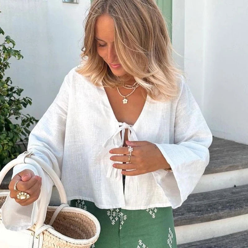 Cotton Linen Lace Up Bow Shirts Women Loose Hollow Out V Neck Long Sleeve Tops Female 2026 Spring New Lady Streetwear Top