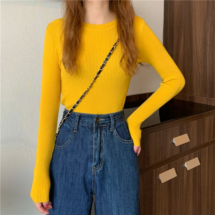New Women Sweater  Long Sleeve Pullover Basic Top Fashion O-neck Elastic Female Winter Solid Knitted Jumper