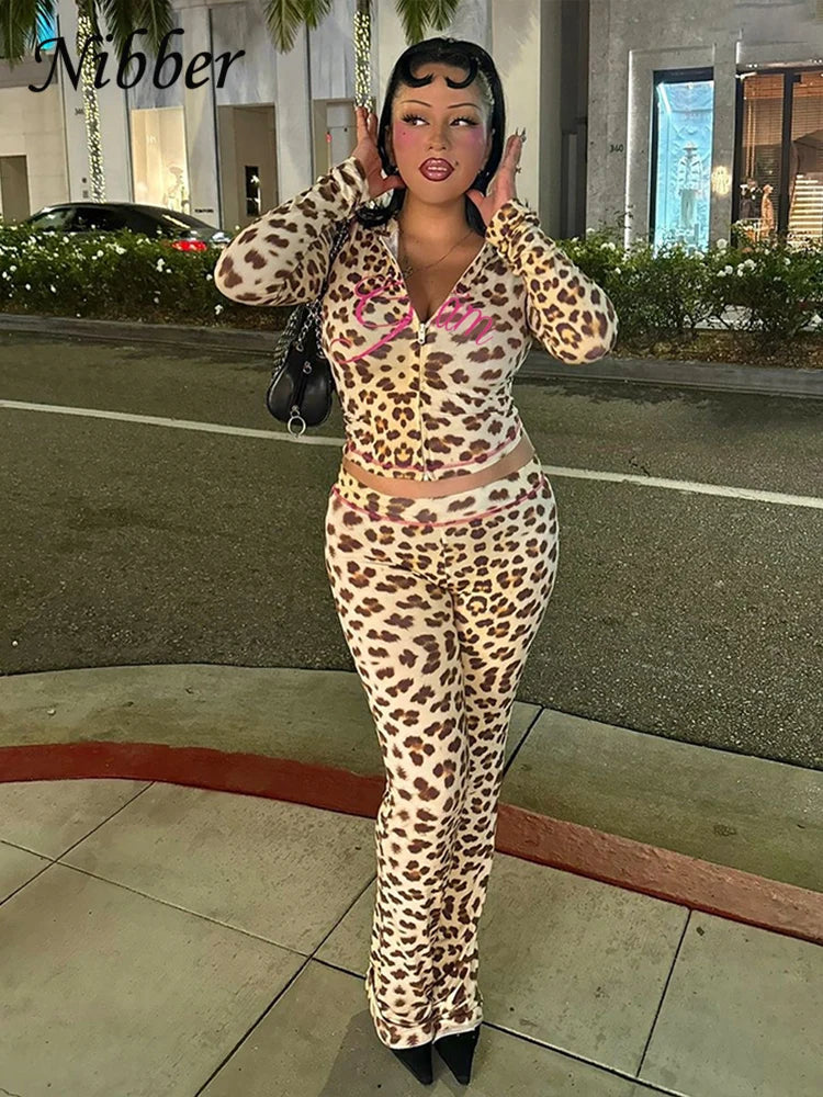 Nibber Leopard Print 2 Piece Set Women's Autumn Tracksuit Athleisure Hooded Crop Jacket + Flared Pants Stretch Matching Suit
