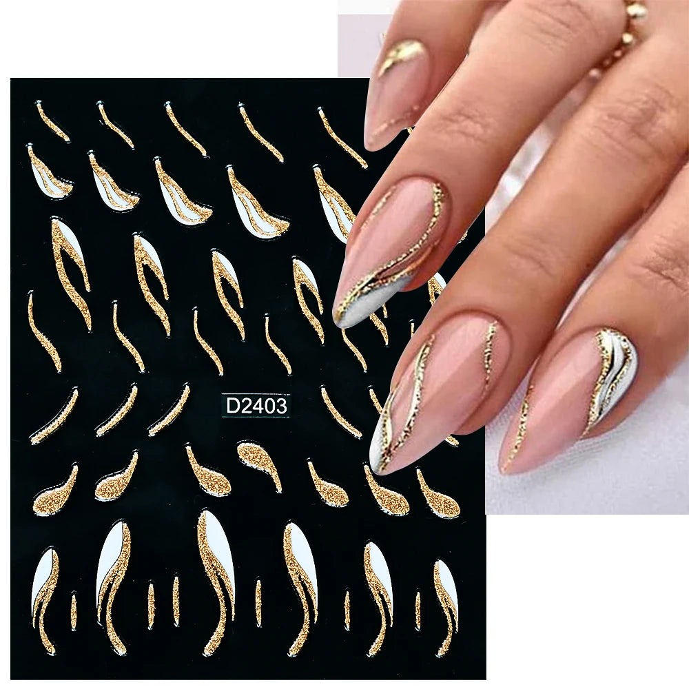Shiny Glitter French Lines Nails Stickers Waves Curve Ribbon White Gold Stripes Manicure Decals Nails Charming Decoration NK-324