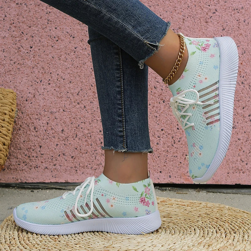 Breathable Knitted Casual Sneakers for Women Lightweight Soft Sole Slip On Walking Shoes Woman Plus Size Fashion Printed Flats