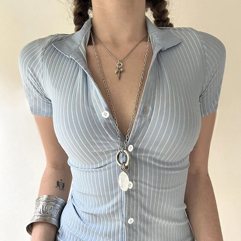 Blue White Stripe Polo Neck Button Splice Short Sleeve T Shirt Slim Fit Curves Sensation Outerwear