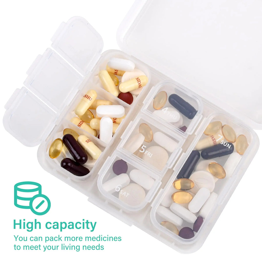 2Pcs 7 Days Pill Storage Box Mini Travel Portable Medicines Dispenser Box Multifunction Plastic Seven Compartment Sealer Box