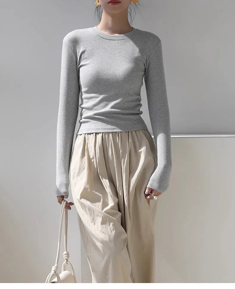 Cotton Women Long Sleeve T-shirt Solid O Neck Slim Base Layer Shirt Autumn New Casual Skinny Bottoming Shirt Sexy Cropped Tops