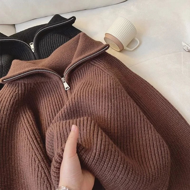 2024 Autumn Style Versatile Basics Half-zipper Loose Lapel Winter Long-sleeved Lazy Sweater Pullover Top
