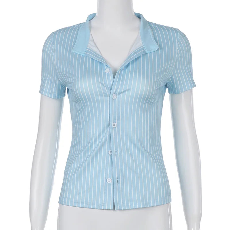 Blue White Stripe Polo Neck Button Splice Short Sleeve T Shirt Slim Fit Curves Sensation Outerwear