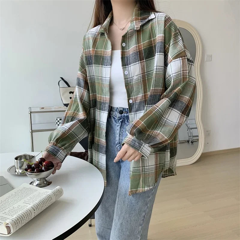 Plaid Shirt Women Long Sleeve Top Female Vintage Fashion Single Breasted Blouse Ladies Preppy Style Loose Check Shirts