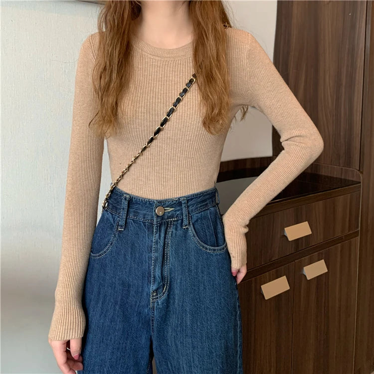 New Women Sweater  Long Sleeve Pullover Basic Top Fashion O-neck Elastic Female Winter Solid Knitted Jumper