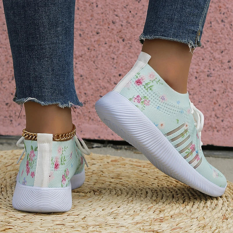 Breathable Knitted Casual Sneakers for Women Lightweight Soft Sole Slip On Walking Shoes Woman Plus Size Fashion Printed Flats
