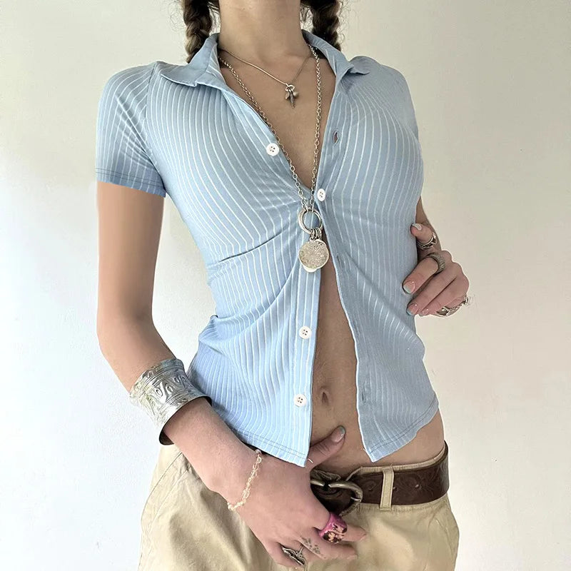 Blue White Stripe Polo Neck Button Splice Short Sleeve T Shirt Slim Fit Curves Sensation Outerwear