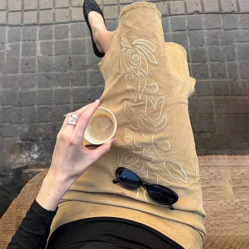 Ticketsx Fashion Vintage Embroidered Skirt Summer Solid New Ruched Split Slim Skirt Elegant Vacation Streetwear Women's Clothing