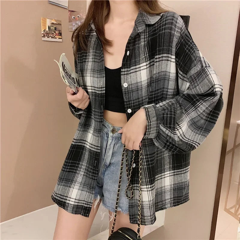 Plaid Shirt Women Long Sleeve Top Female Vintage Fashion Single Breasted Blouse Ladies Preppy Style Loose Check Shirts