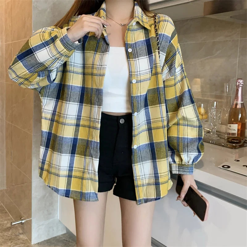Plaid Shirt Women Long Sleeve Top Female Vintage Fashion Single Breasted Blouse Ladies Preppy Style Loose Check Shirts